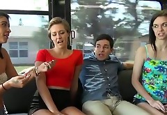 Freaky dude is going to fuck three lesbian chicks in a train