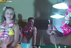 Frisky Russian hussies play pool in steamy bikini