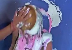 Sexy Girl with Nails get Pies in Face