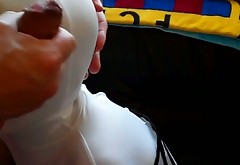 Curvy bitch in weird white costume gives deepthroat blowjob