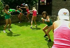 Hot pretty teens switch grom plyaing with water guns to teasing fresh pussies
