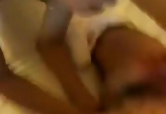 Salty brunette wifey gives blowjob to long hard cock before it jizzes on her face