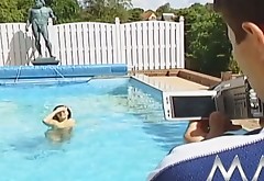 Horny guys plan to make dirty sex clip with thair dumpy sluts in pool area