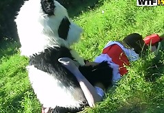 Hot weird Snow White gets her pussy polished right on the green lawn