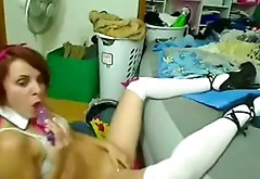 Hilarious bright slim girlie gets rid of skirt to tickle her wet pussy