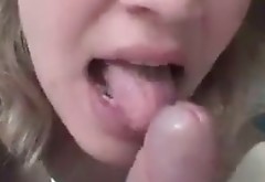 Naughty blond head with droopy tits sucks a cock for cum