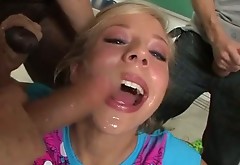 Trashy blonde whore is exploited in hardcore blowbang porn video