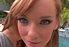 Dirty sandy haired wench fingerfucks her pinkish pussy near pool outdoors