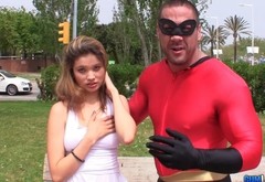 Superhero in the park picks up a slut and fucks her hard