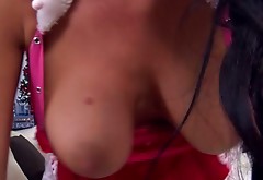 Astonishing busty brunettes are busy with eating pussies on Xmas Eve