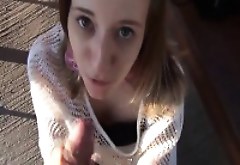 Skinny teen babe gives head an her ass on a bus stop