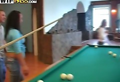Three brunette join some dudes for a drink and a tough fuck