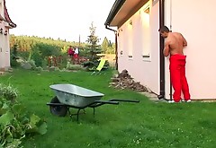 Two salty matures give double blowjob to beefy gardener