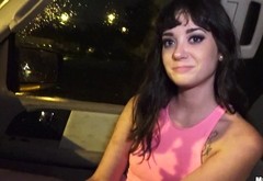 Cute chick in a perfect skintight dress fucks in the car