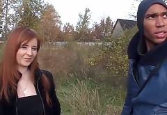 Slutty red-haired Russian chic gives double blowjob outdoors