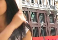 Cuddly brunette girl shows her tight pussy in public