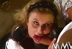 Rapacious fair haired harlot with big tits rides big cock of one dude in hayloft