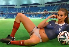 Long haired lusty bitch fingerfucks her kitty in the mid of foot ball field