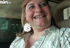 Ugly fat bitch jerks off dick in the car