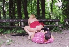 Out in the park he puts his cock inside a hot blonde's pussy