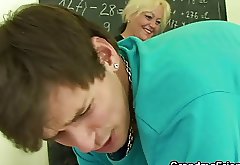Two dudes bang nasty old teacher