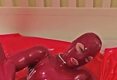 Latex Teen Solo Plays with Ass and Pussy Butt Plug Inflatable Toys