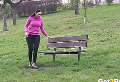 Raven haired horny chick pissed on bench in the park