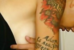 tattooed Dana stuffs his fat cock deep into her MILF throat