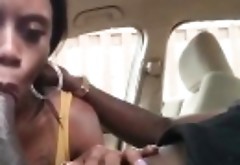 Ebony GF cock blowing in the car