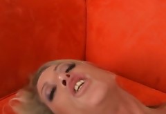 Salty blonde guzzles meaty dick and gets her anus rammed hard doggy style