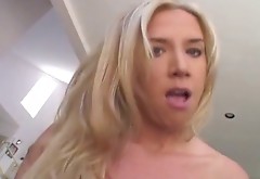 Blond haired pierced bitch rides and sucks long throbbing penis