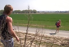 Impressively voracious buxom blond teen sucks a dick on the country road