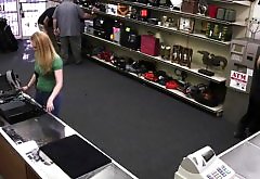 Lady in green is fucked hard in a pawnshop by the owner