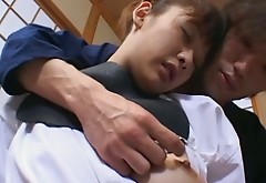 Japanese young chick gets groped and fingered in bed