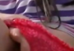 Busty teen in red panties fingering