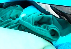 Bright slutty blondie madly sucks fat cock right in the blue tent
