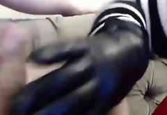 Female with rubber gloves for handjob cumshot