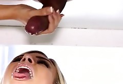 Sexy masseuse blowjobs and cum facialed under the table