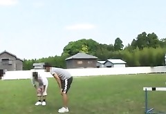 Busty Japanese coach fucked and facialed in the open field
