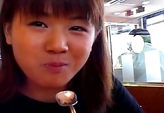 Chubby Asian teen Mai Mariya makes a perfect leg spit after a lunch