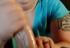 BBW girlfriend strokes out his cream with a smile