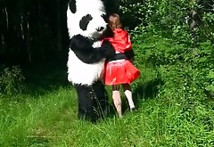 Kinky guy in panda costume gets blowjob from adorable red hood in forest