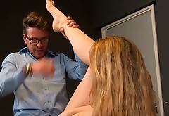 Horny boss in glasses fucked his light haired chubby secretary on office table