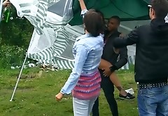 Horny and sexy brunette retires from the friends to please a dick in the tent