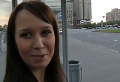 Sex-starved brunette whore gives hot blowjob in public