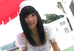 Brunette teen Yuri Hamada plays a horny waitress in sexy dress