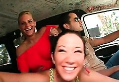 Crazy chicks having a gangbang in the sex bus