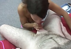 Nasty chick gives slobbery blowjob and dances on laps