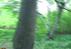 Cute blonde girl is sucking hard dick in the forest