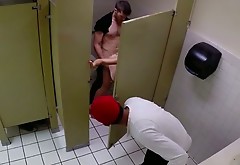 Thirsting guy doggy fucks slutty dark haired MILF in public toilet hard
